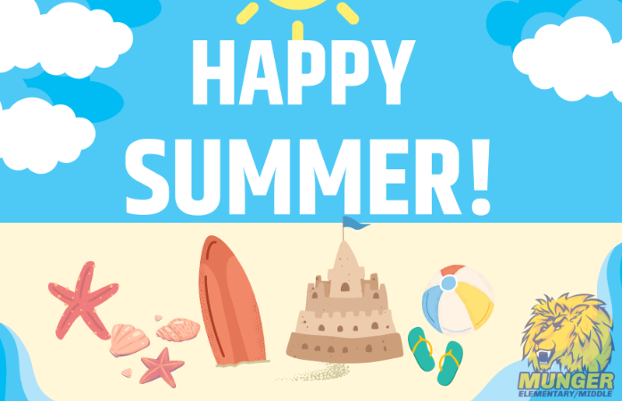  Image of beach scene with words happy summer and Munger logo